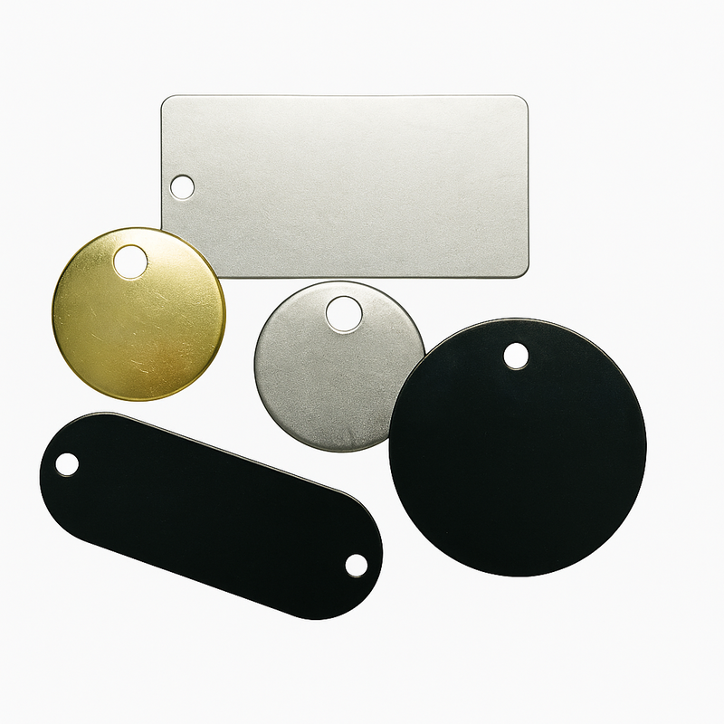 Custom engraved metal ID tags made from stainless steel, brass, and aluminum for tools, equipment, keys, lockers, and asset tracking