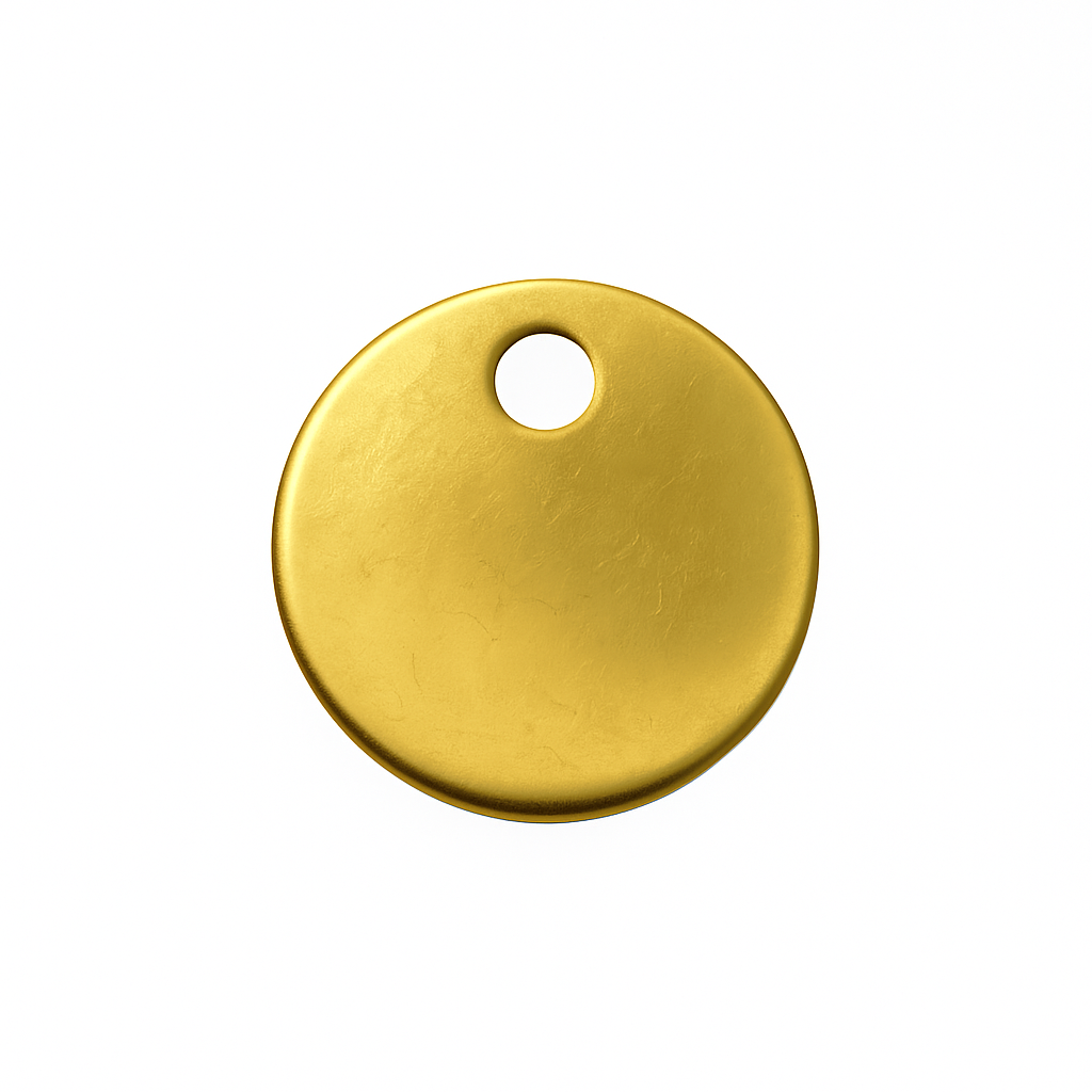 Gold circular tag with a hole on a white background