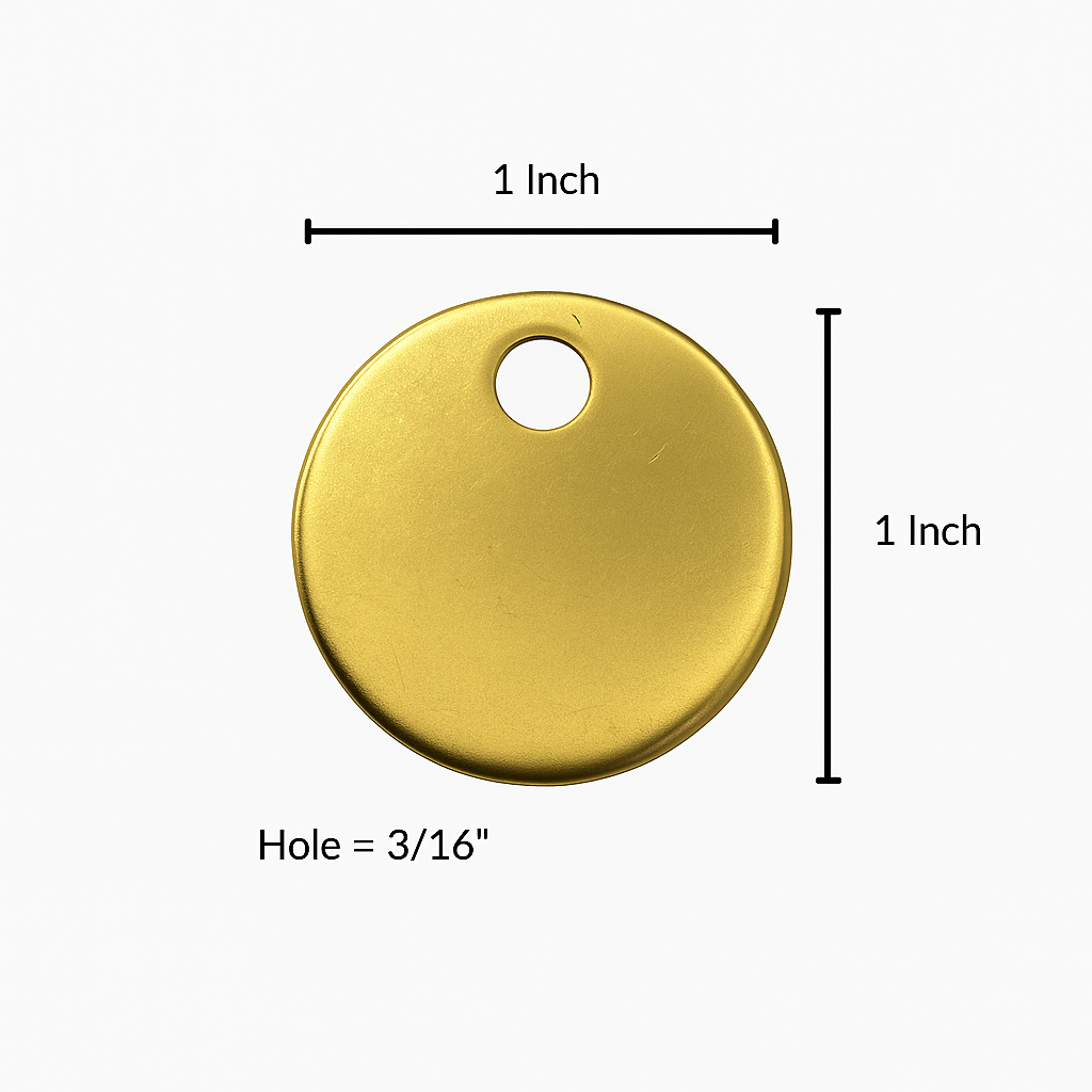 Gold circular tag with dimensions labeled on a white background