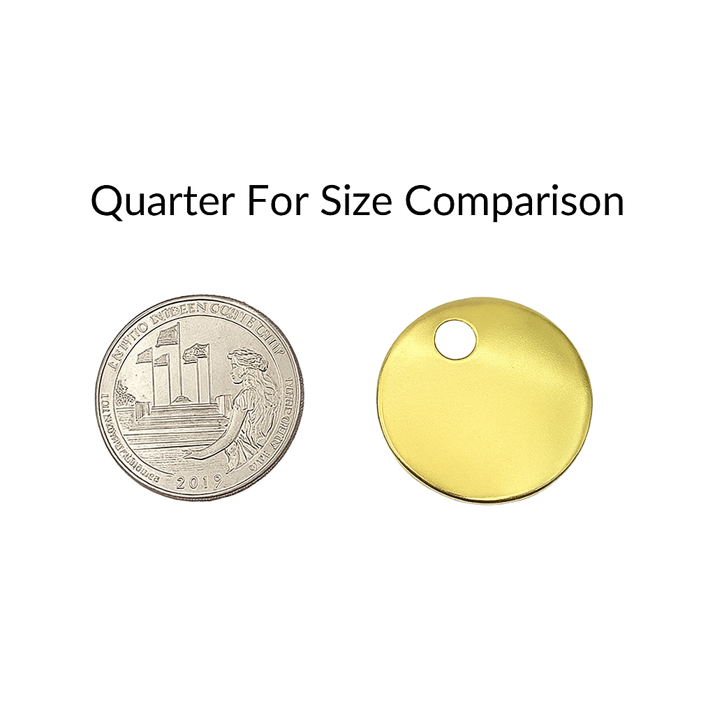 Gold tag with a quarter for size comparison on a white background