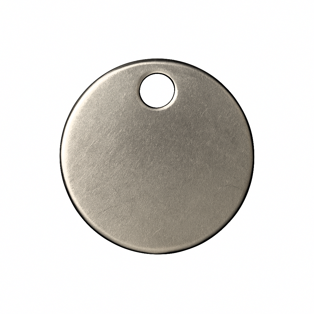 Metallic round tag with a hole on a white background