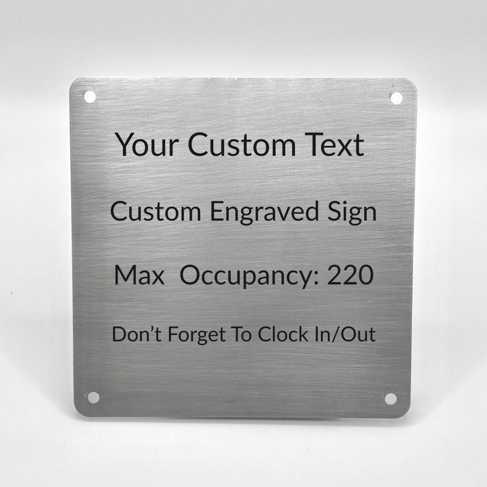 Metal sign with customizable text on a white background
