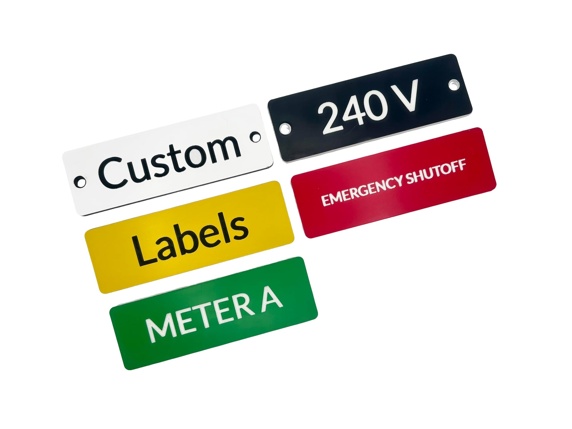 Set of color-coded labels with text on a white background