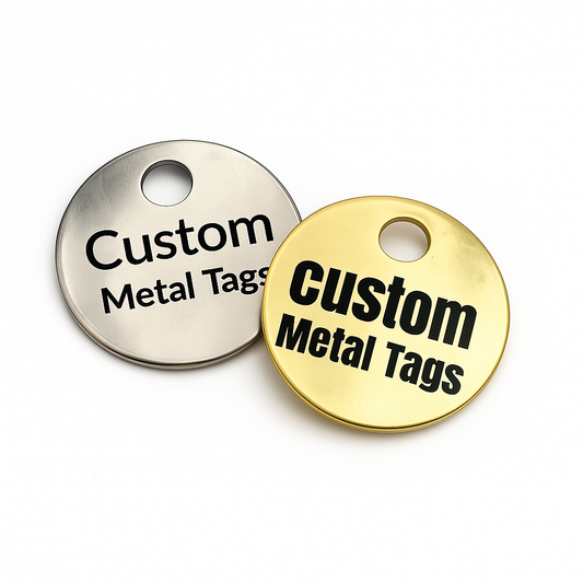 Two round metal tags, one silver and one gold, with 'Custom Metal Tags' text on a white background.